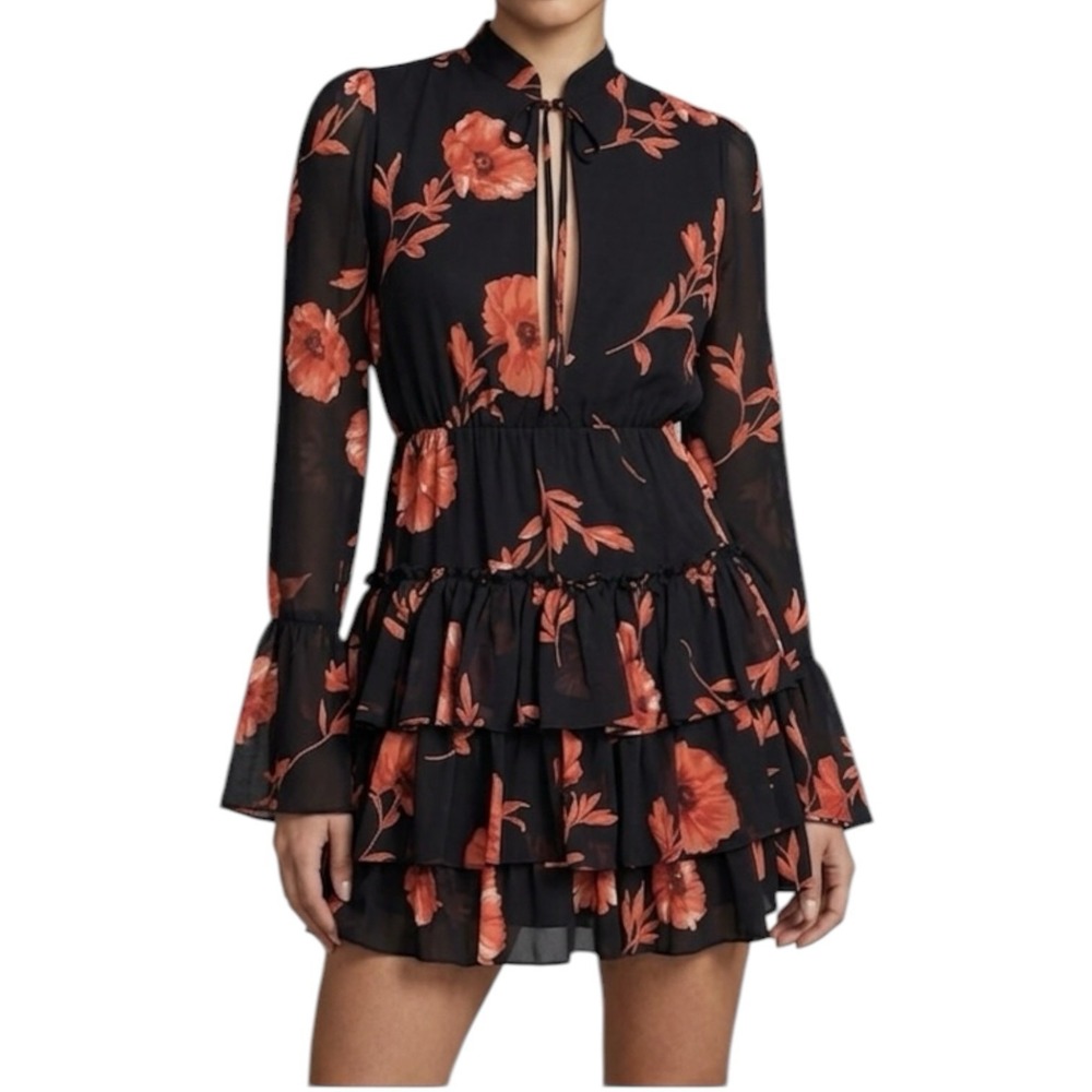 FOREVER 21 Contemporary Mini Dress sz S Black & Red Floral Bell Sleeve Ruffles